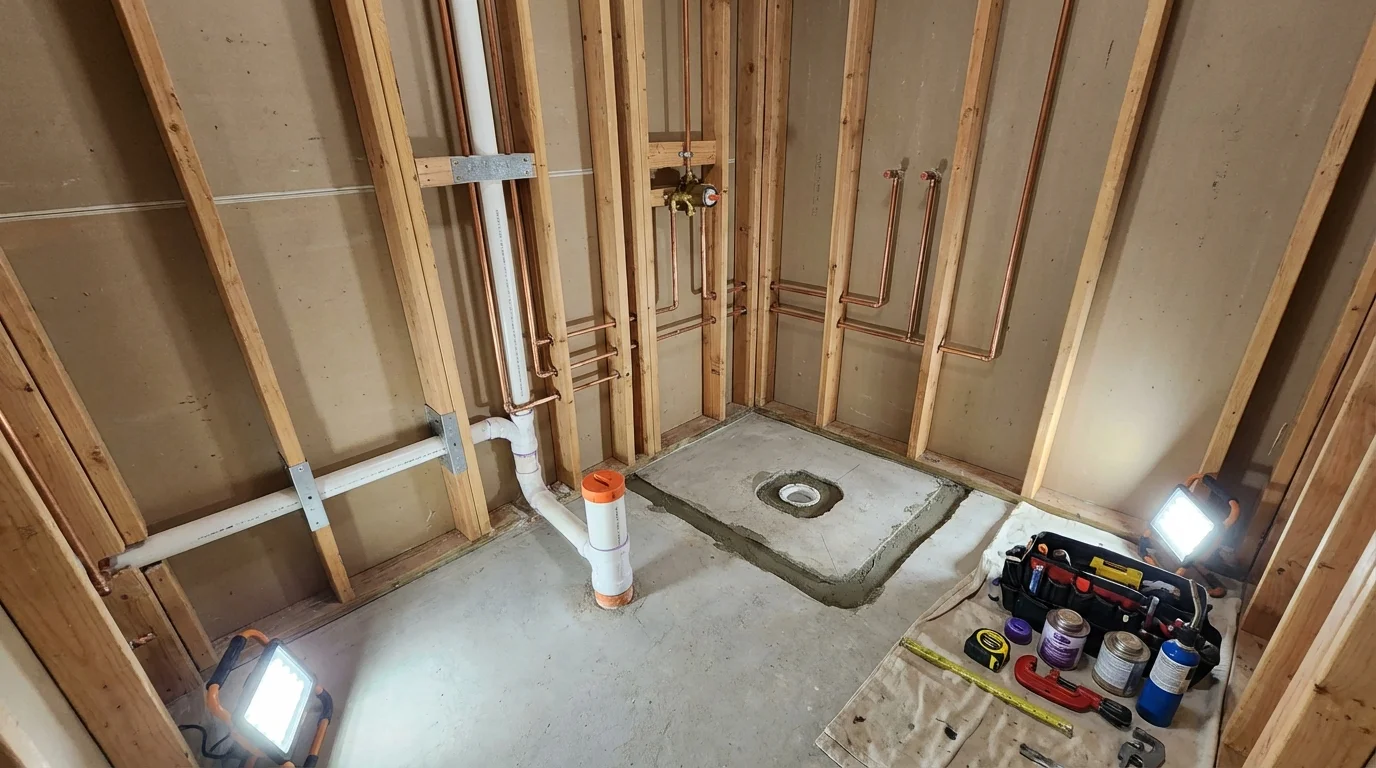 Bathroom rough-in plumbing during remodel by Johns Plumbing LLC in Church Rock