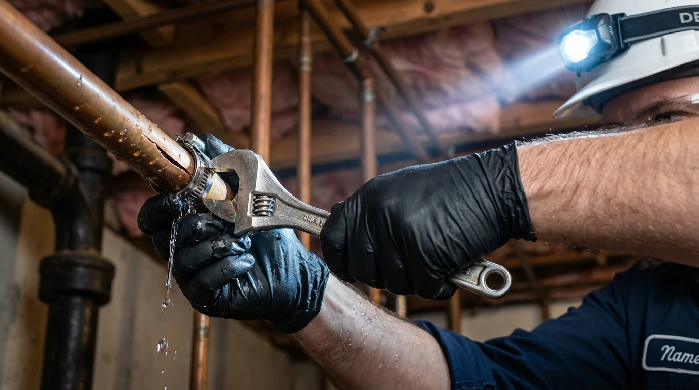 Emergency pipe clamp repair being performed by a Johns Plumbing LLC plumber in Church Rock