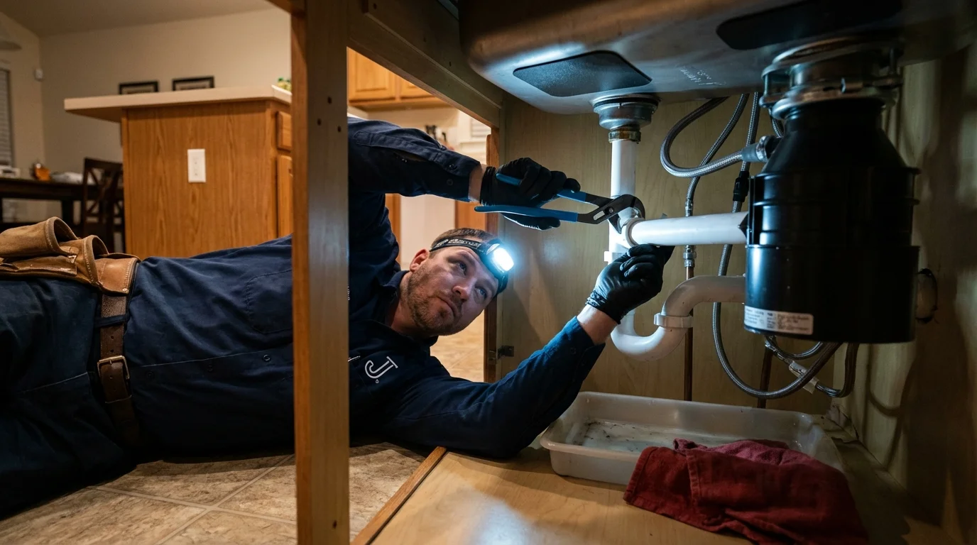 P-trap and supply line connections under a kitchen sink showing a common leak point in Church Rock, NM
